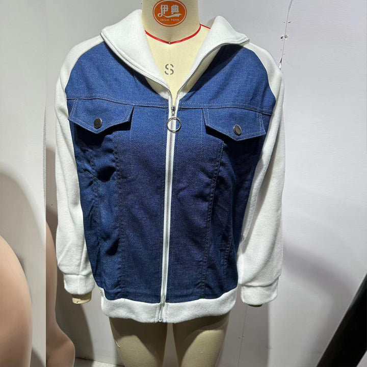 Women's Denim Patchwork Zip-Up Jacket Stand Collar Casual Coat With Button-Decorated Flap Pockets Fall Winter Fashion Outerwear - ZEYTONCART