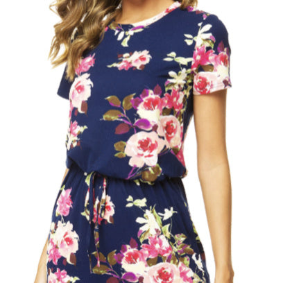 Ladies' Round Neck Floral Print Elegant Drawstring Slanted Pocket Detail Dress - ZEYTONCART