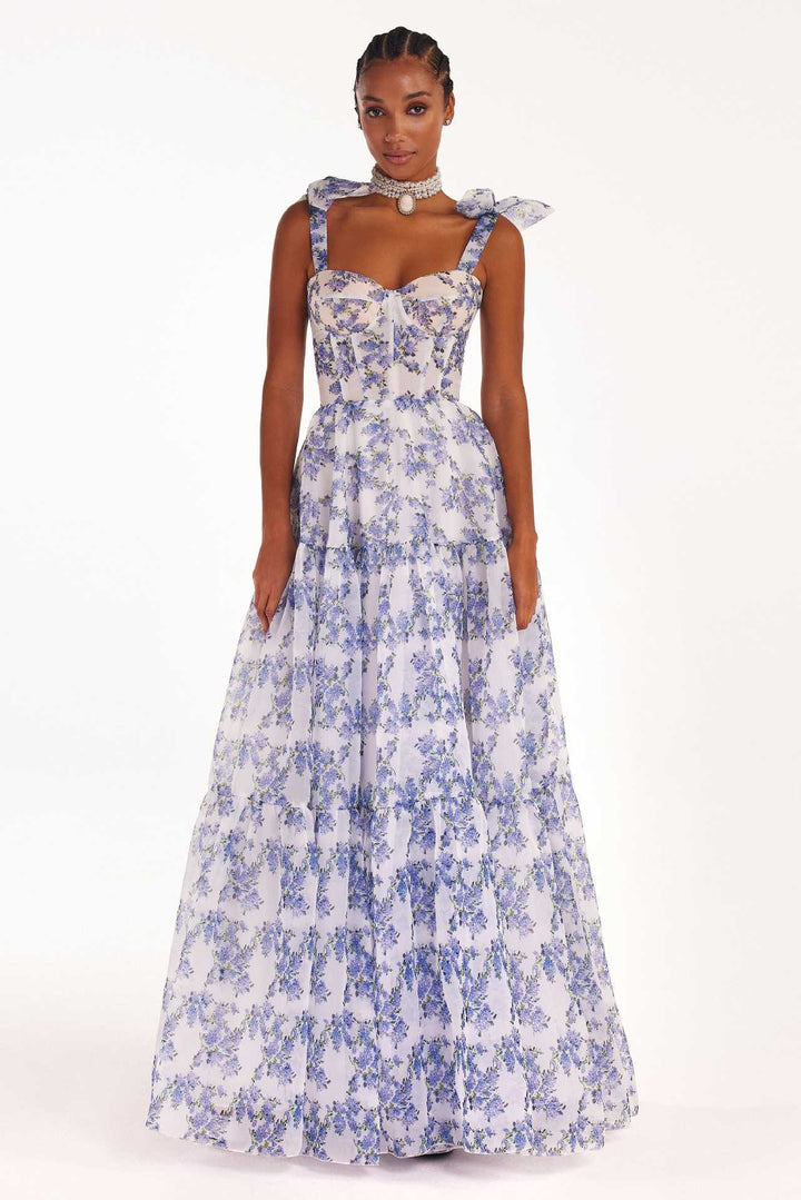 Floral Off-the-shoulder Strap Lace-up Large Swing Skirt Organza Dress - ZEYTONCART