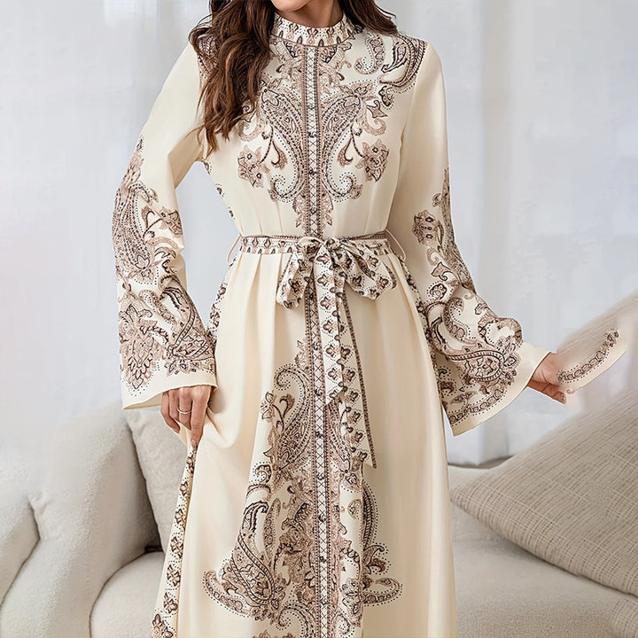 Women's Vintage High-Neck Floral Maxi Dress Loose Long Sleeve, Adjustable Waist Belt, Middle Eastern Inspired Holiday Dress Ankle-Length Gown - ZEYTONCART