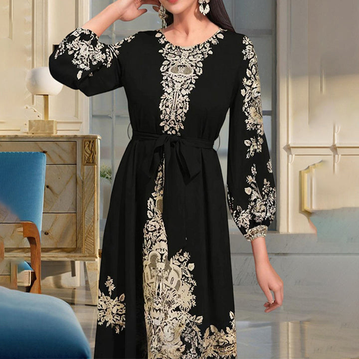 Women's Bohemian Floral Print Dress Ethnic Middle Eastern Style Long Sleeve Tiered Maxi Dress With Drawstring Waist - ZEYTONCART
