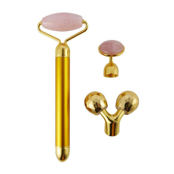 3 In 1 Vibrating Facial Jade Roller Set Rose Quartz Jade Roller Stone With 3 Replaceable Heads Face Slimming Lifting Massager - ZEYTONCART