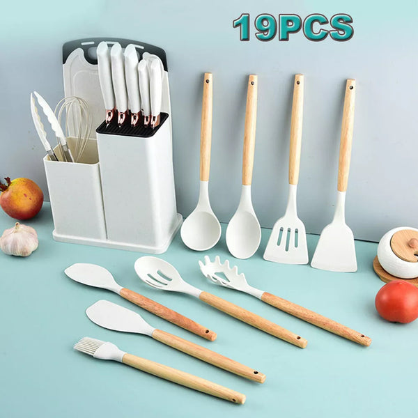 19pcs Set Non-Stick Silicone Kitchen Utensil Spatula Spoon Cooking Cookware