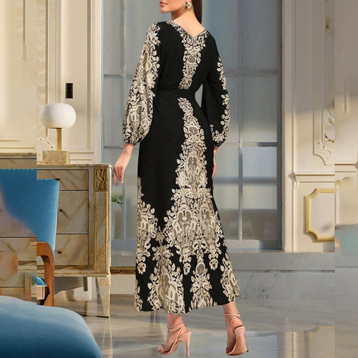 Women's Bohemian Floral Print Dress Ethnic Middle Eastern Style Long Sleeve Tiered Maxi Dress With Drawstring Waist - ZEYTONCART