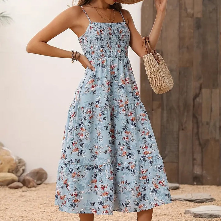 Womens Summer Floral Midi Dress Smocked Spaghetti Strap Sleeveless Tiered Casual Flowy Dresses - ZEYTONCART