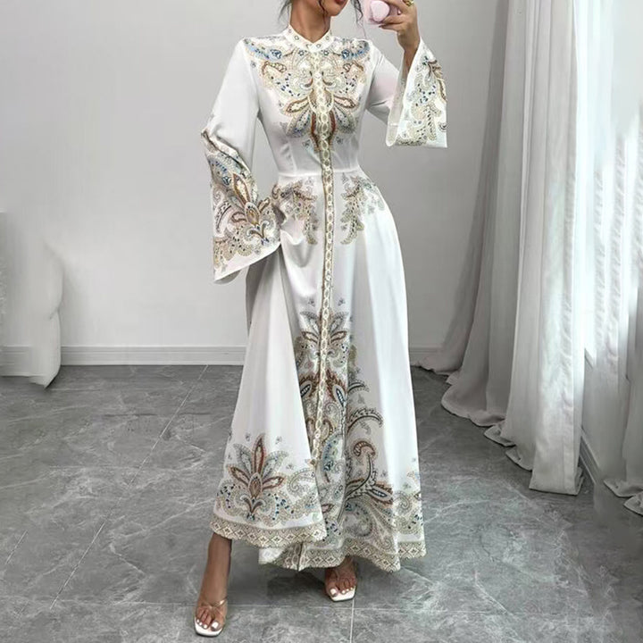 Elegant High-Neck Floral Maxi Dress - Long Flowy Sleeves, Modest A-Line Middle Eastern Style Gown Vacation & Party Dress For Women - ZEYTONCART