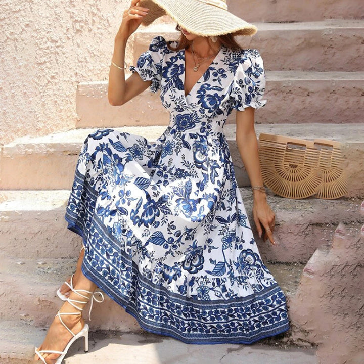 Women Floral Maxi Dress Short Puff Sleeve V Neck Bohemian Flowy Smocked Long Dress - ZEYTONCART