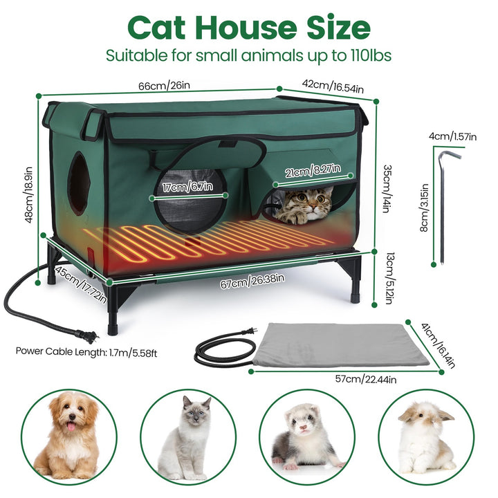 1Pc Waterproof Heated Cat House Outdoor Weatherproof Insulated Kitty Shelter Feral Cat Heating Bed With Heating Pad Anti-Chew Cord 2 Doors 3 Windows For Indoors Outdoors Winter Summer - ZEYTONCART