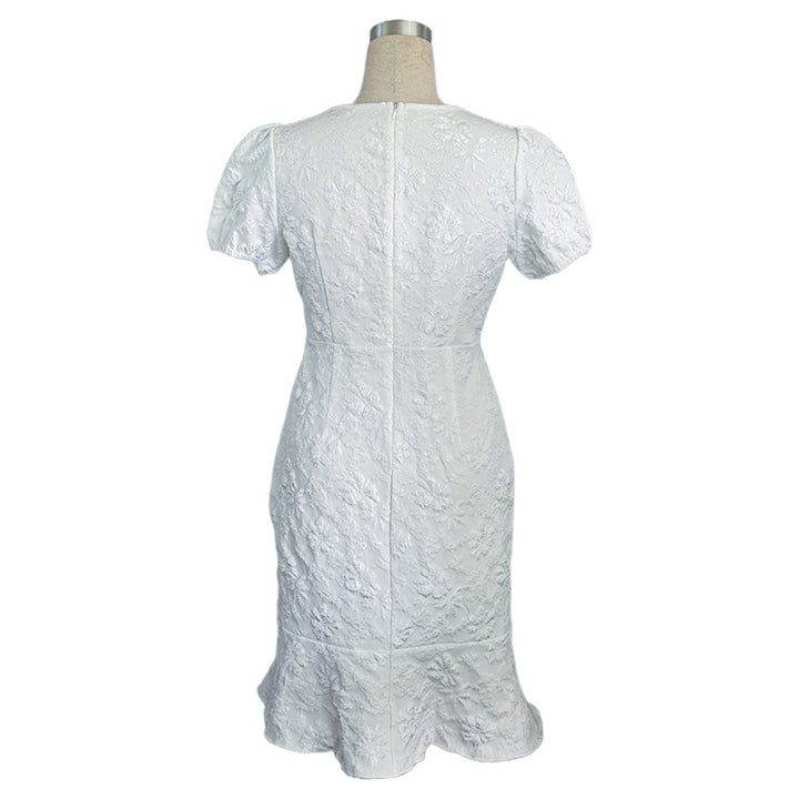 Women's Floral Jacquard Dress Women's Short Puff Sleeve Crew Neck Ruffle Hem Bodycon Dresses - ZEYTONCART