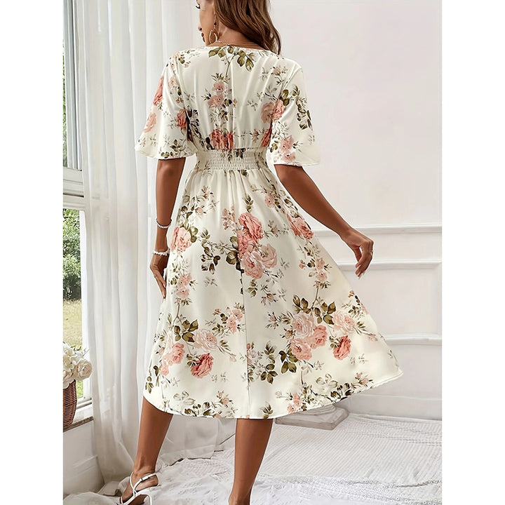 Women's Floral Boho Summer Midi Dress Ruffle Short Sleeve V Neck Empire Waist Flowy Dress - ZEYTONCART