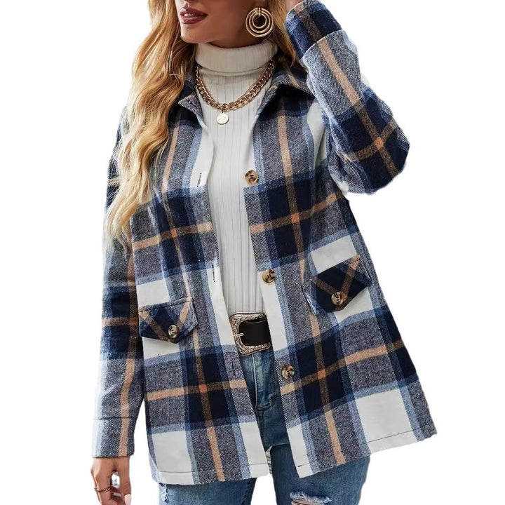 Autumn Winter Women's Wear Drop-shoulder Long-sleeve Lapel Loose Plaid Casual Shirt Coat - ZEYTONCART