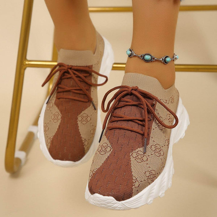 Floral Print Colorblock Mesh Shoes Casual Light Lace-up Sneakers For Women - ZEYTONCART