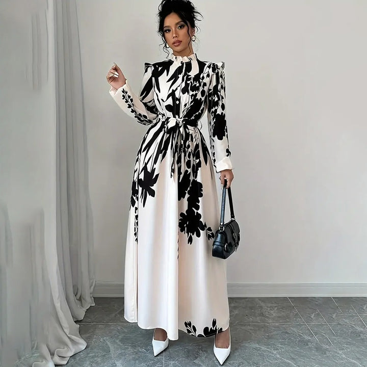 Women's Floral Print Long Sleeve Maxi Dress - Stand Collar A-Line Dress With Waist Detail, Lantern Sleeves & Ruffle Hem For Spring&Fall - ZEYTONCART