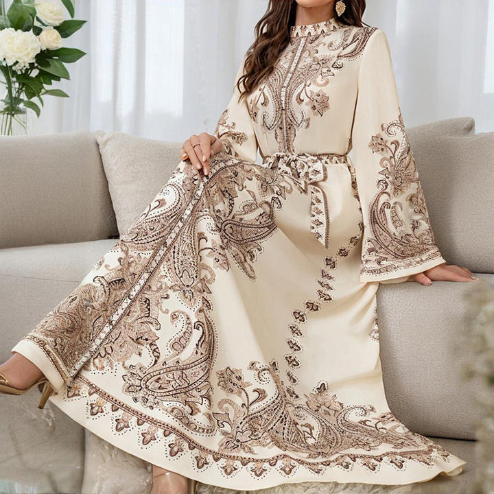 Women's Vintage High-Neck Floral Maxi Dress Loose Long Sleeve, Adjustable Waist Belt, Middle Eastern Inspired Holiday Dress Ankle-Length Gown - ZEYTONCART