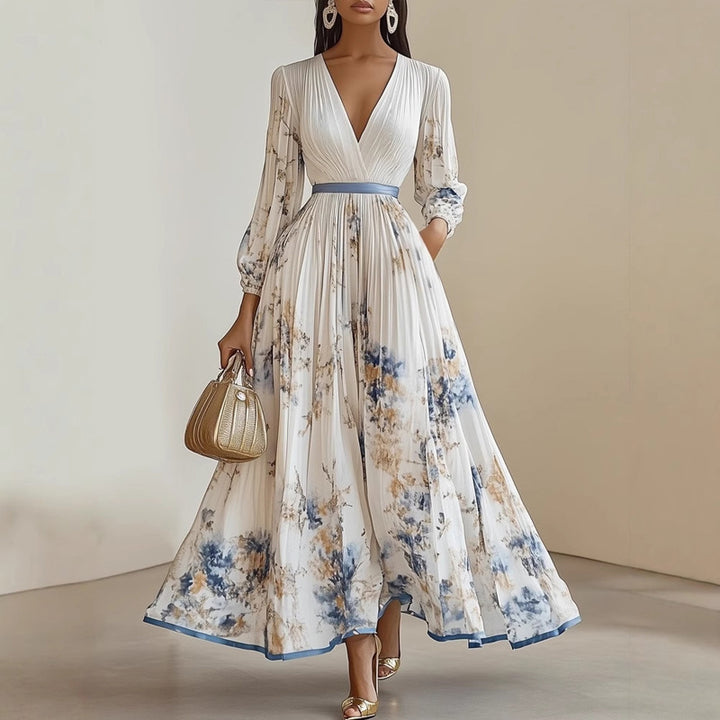 Women's Floral Print V-Neck Long Sleeve Maxi Dress A-Line Flowy Ruffled For Spring&Summer Vacation & Evening Party - ZEYTONCART