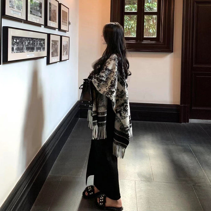 Ink Painting Double-sided Shawl Outer Match Women's Autumn And Winter Retro High Sense - ZEYTONCART