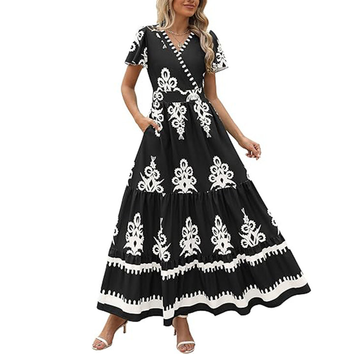 Womens Summer Casual V Neck Boho Maxi Dress Flowy Aline Bell Sleeve Tiered Floral Dresses With Pocket - ZEYTONCART
