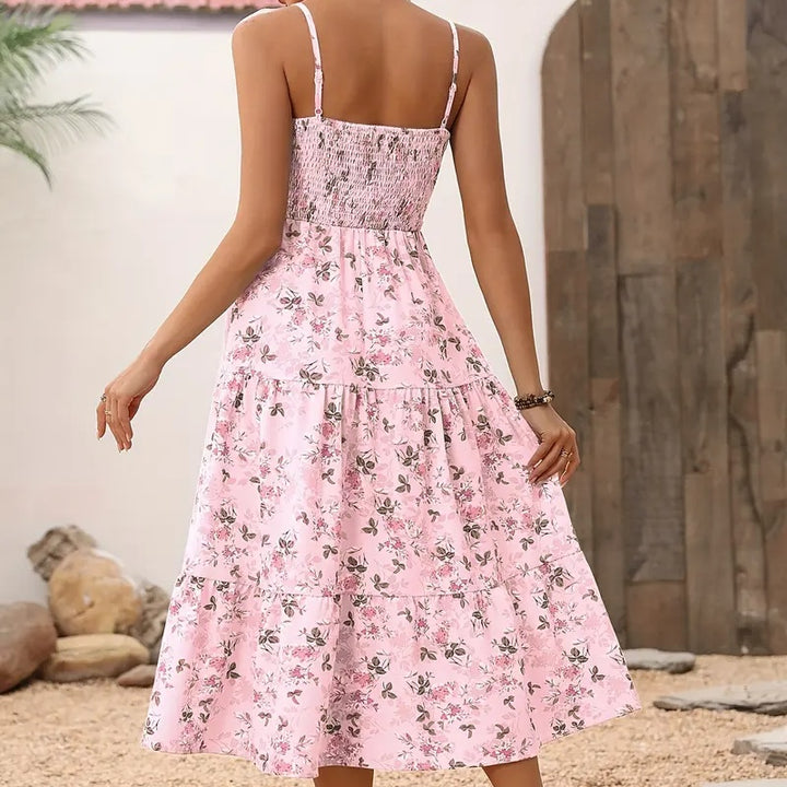 Womens Summer Floral Midi Dress Smocked Spaghetti Strap Sleeveless Tiered Casual Flowy Dresses - ZEYTONCART