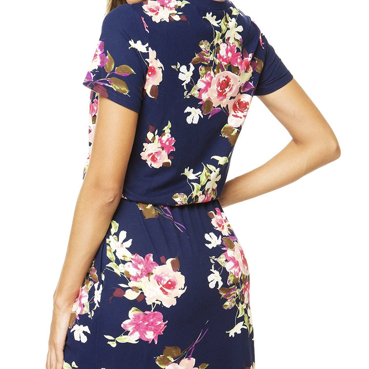 Ladies' Round Neck Floral Print Elegant Drawstring Slanted Pocket Detail Dress - ZEYTONCART
