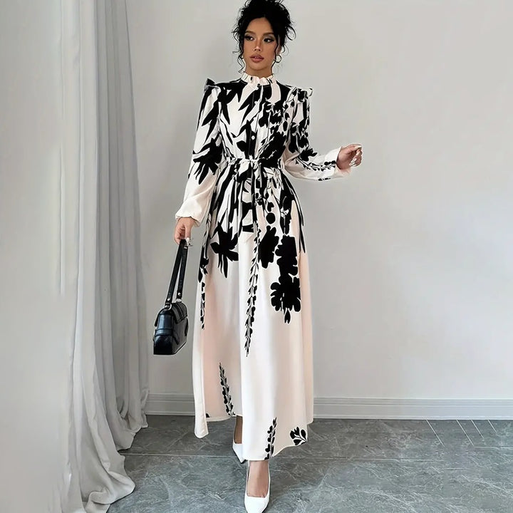 Women's Floral Print Long Sleeve Maxi Dress - Stand Collar A-Line Dress With Waist Detail, Lantern Sleeves & Ruffle Hem For Spring&Fall - ZEYTONCART