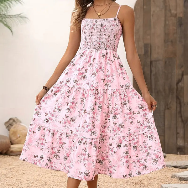 Womens Summer Floral Midi Dress Smocked Spaghetti Strap Sleeveless Tiered Casual Flowy Dresses - ZEYTONCART