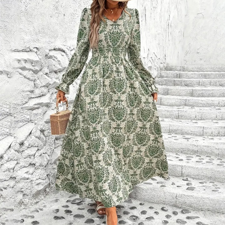 Women's V-Neck Floral Print Long Sleeve Maxi Dress - A-Line Hem With Lace Cuff Details, Elegant Bodycon Dress For Spring&Summer - ZEYTONCART