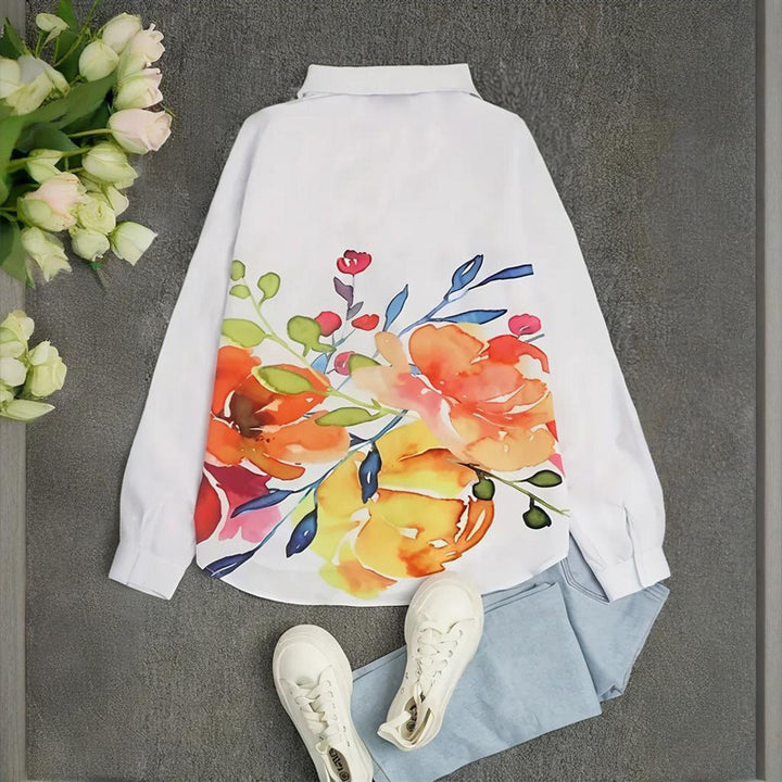 Women's Notch Lapel Long Sleeve Blouse With Colorful Floral Print - Chest Pocket Button-Up Shirt For Spring&Fall - ZEYTONCART