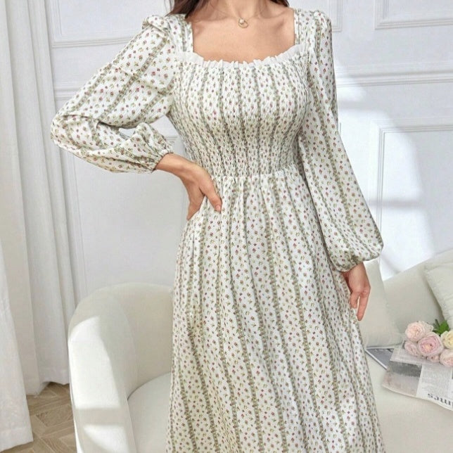 Ladies' Lantern Sleeve Pleated Lace Striped Floral Print Long Dress - ZEYTONCART