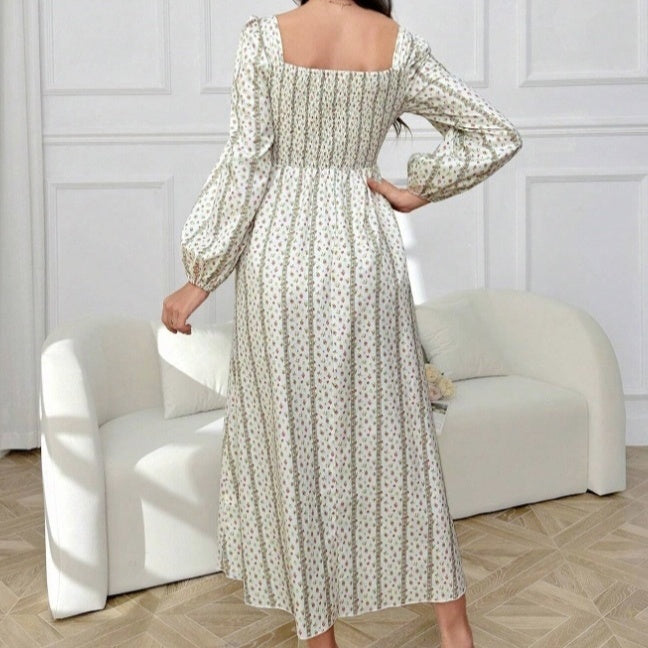 Ladies' Lantern Sleeve Pleated Lace Striped Floral Print Long Dress - ZEYTONCART