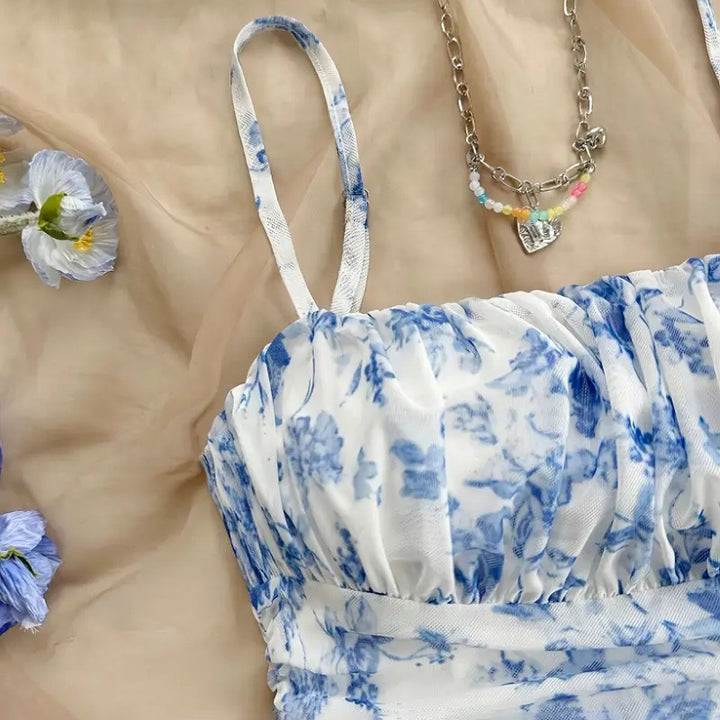Women's Boho Floral Print Mini Dress Spaghetti Strap Ruched Ruffle Hem Vacation Sundresses - ZEYTONCART