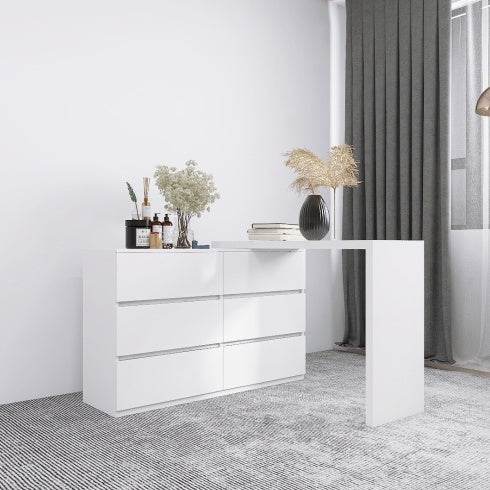 Extended Desktop 6 Drawers Chest Of Drawer Without Handle White Color Vanity - ZEYTONCART