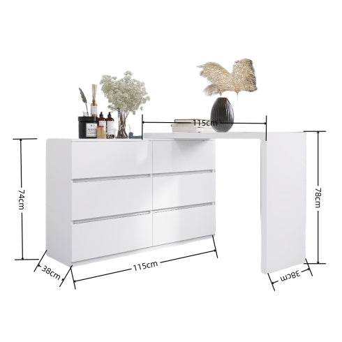 Extended Desktop 6 Drawers Chest Of Drawer Without Handle White Color Vanity - ZEYTONCART