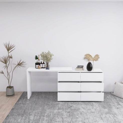 Extended Desktop 6 Drawers Chest Of Drawer Without Handle White Color Vanity - ZEYTONCART