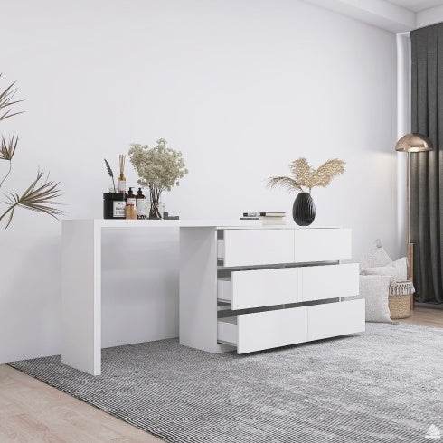 Extended Desktop 6 Drawers Chest Of Drawer Without Handle White Color Vanity - ZEYTONCART