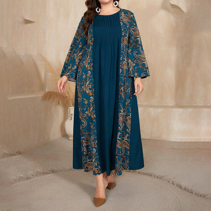 Women's Plus Size Bohemian Floral Printed Maxi Dress, Pleated Front Long Sleeve Crew Neck Loose Fit - ZEYTONCART
