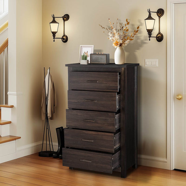Brown Density Board With Solid Wood Veneer, Five Drawers In Vertical Arrangement, Drawer Cabinet - ZEYTONCART