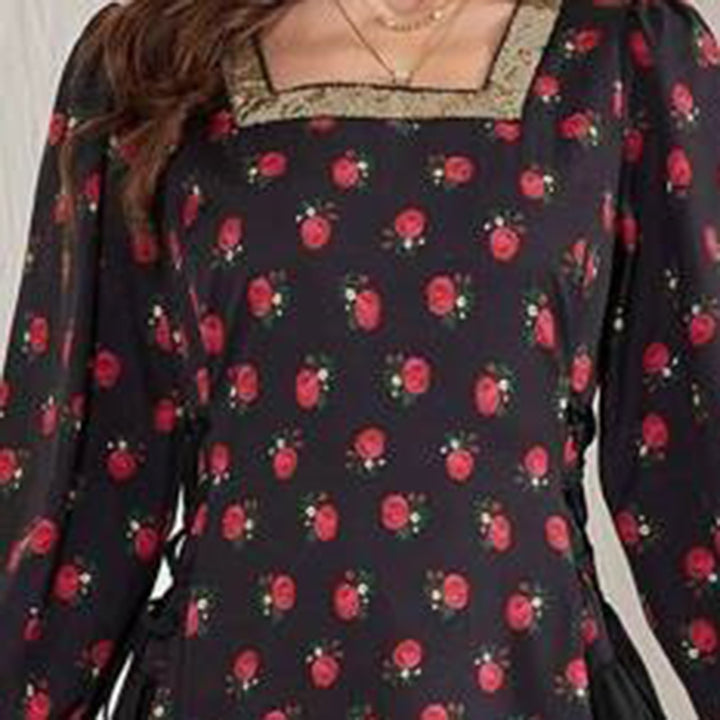 Women's Elegant Floral Print Square Neck Dress With Puff Sleeves & Cinched Waist, Summer Bohemian Dress - ZEYTONCART