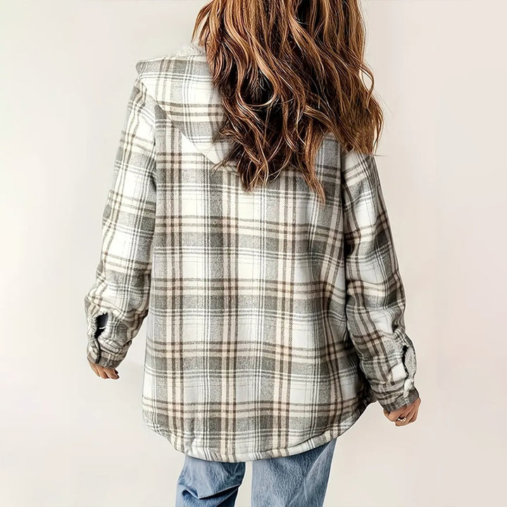 Women's Plaid Button-Up Long Sleeve Jacket Fall Winter  Flap Button Pocket Design Casual Hooded Fleece-Lined Warm Coat - ZEYTONCART
