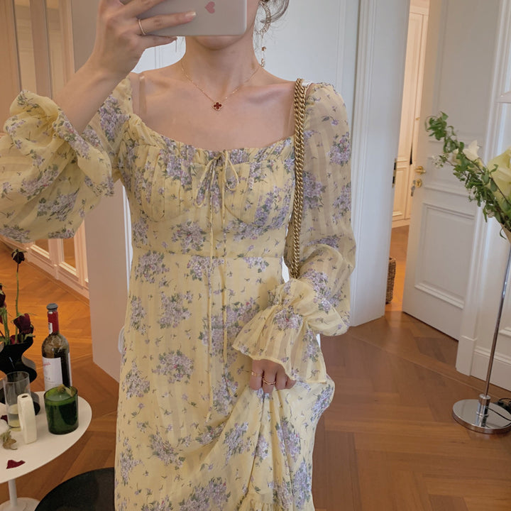 Vintage floral square collar long floral dress - ZEYTONCART