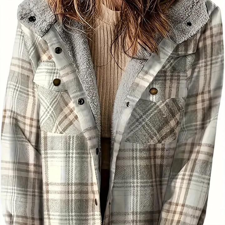 Women's Plaid Button-Up Long Sleeve Jacket Fall Winter  Flap Button Pocket Design Casual Hooded Fleece-Lined Warm Coat - ZEYTONCART