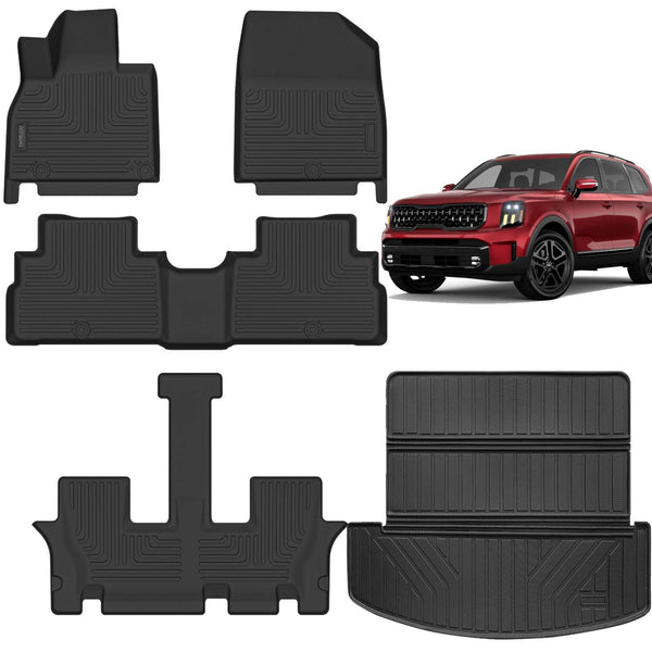 Floor Mats & Large Cargo Liners Compatible For 2020 2021 2022 2023 2024 2025 Kia Telluride 7-Seat 3 Row Floor Liners And Trunk Mat Rubber Mats Accessories-Black - ZEYTONCART