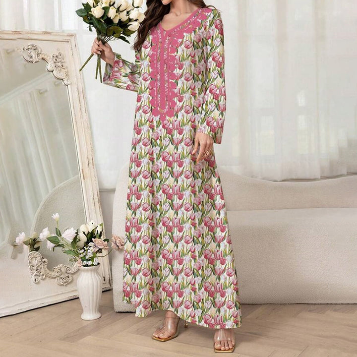 Women's Elegant Pink Floral Print Maxi Dress Vacation Style Long Sleeve A-line Flowy Dress - ZEYTONCART
