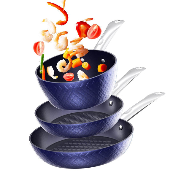 Frying Pan Sets Non Stick 3Pieces Blue 3D Diamond Cookware - ZEYTONCART
