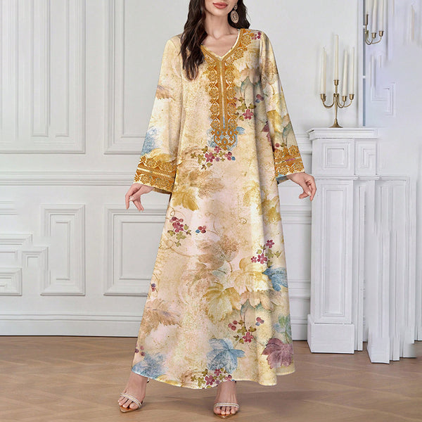 Women's Chic Bohemian Floral V-Neck Maxi Dress, Elegant Golden Long Sleeve Loose Fit Casual Dress - ZEYTONCART