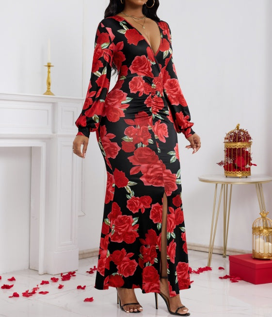 Ladies' V-neck Floral Print Fashionable Hip Hugging Dress - ZEYTONCART