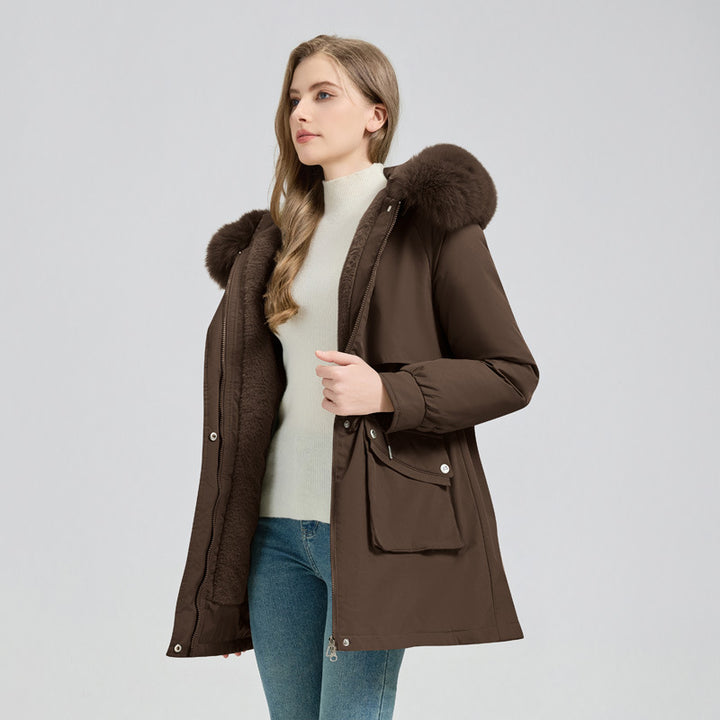 Women's Winter Fur-Lined Hooded Parka Coat Mid Length Down - ZEYTONCART