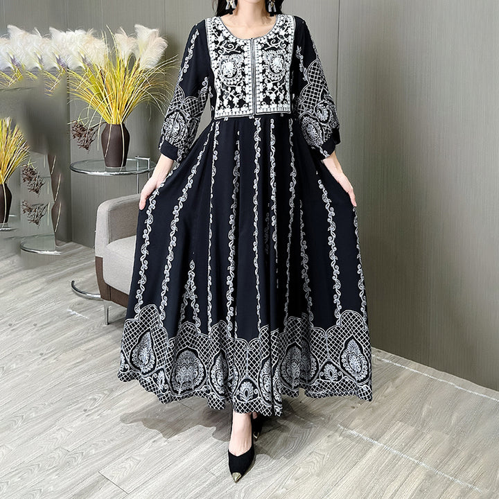 Women's Ethnic Style Floral Embroidered Dress, Elegant 3 4 Sleeve Swing Dress - ZEYTONCART
