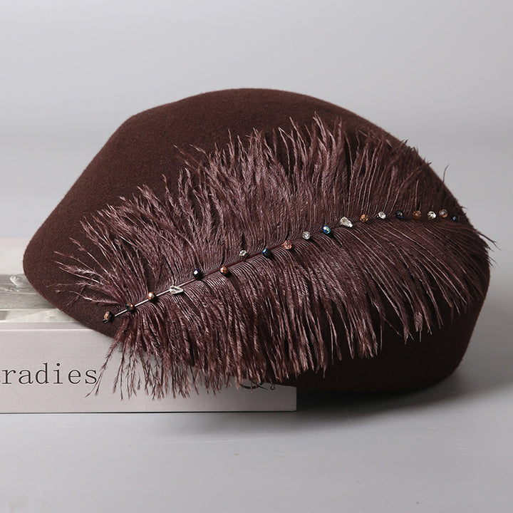 Autumn And Winter Retro Style Feather Decorative Wool Beret - ZEYTONCART