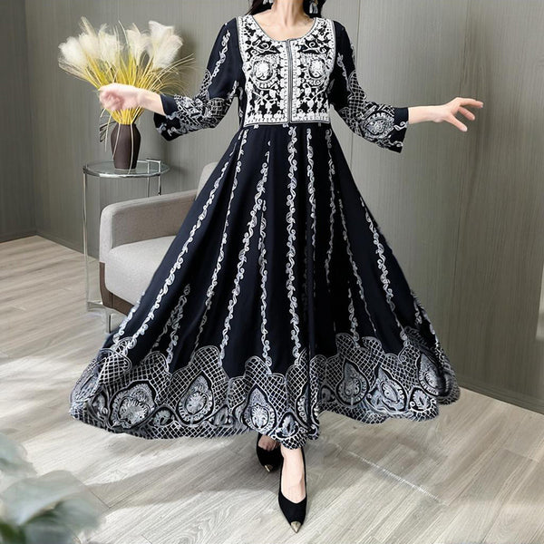 Women's Ethnic Style Floral Embroidered Dress, Elegant 3 4 Sleeve Swing Dress - ZEYTONCART