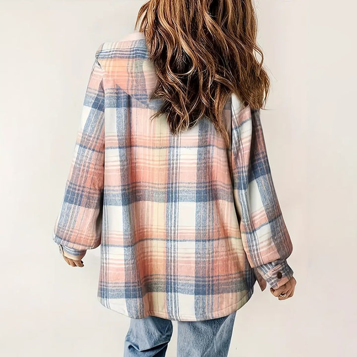 Women's Plaid Button-Up Long Sleeve Jacket Fall Winter  Flap Button Pocket Design Casual Hooded Fleece-Lined Warm Coat - ZEYTONCART